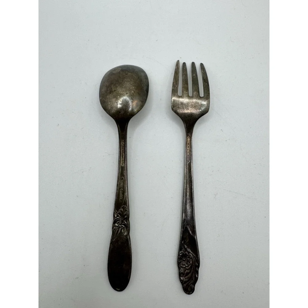 Community Silverplate White Orchid Baby Spoon & Fork Set Floral Vintage Nursery